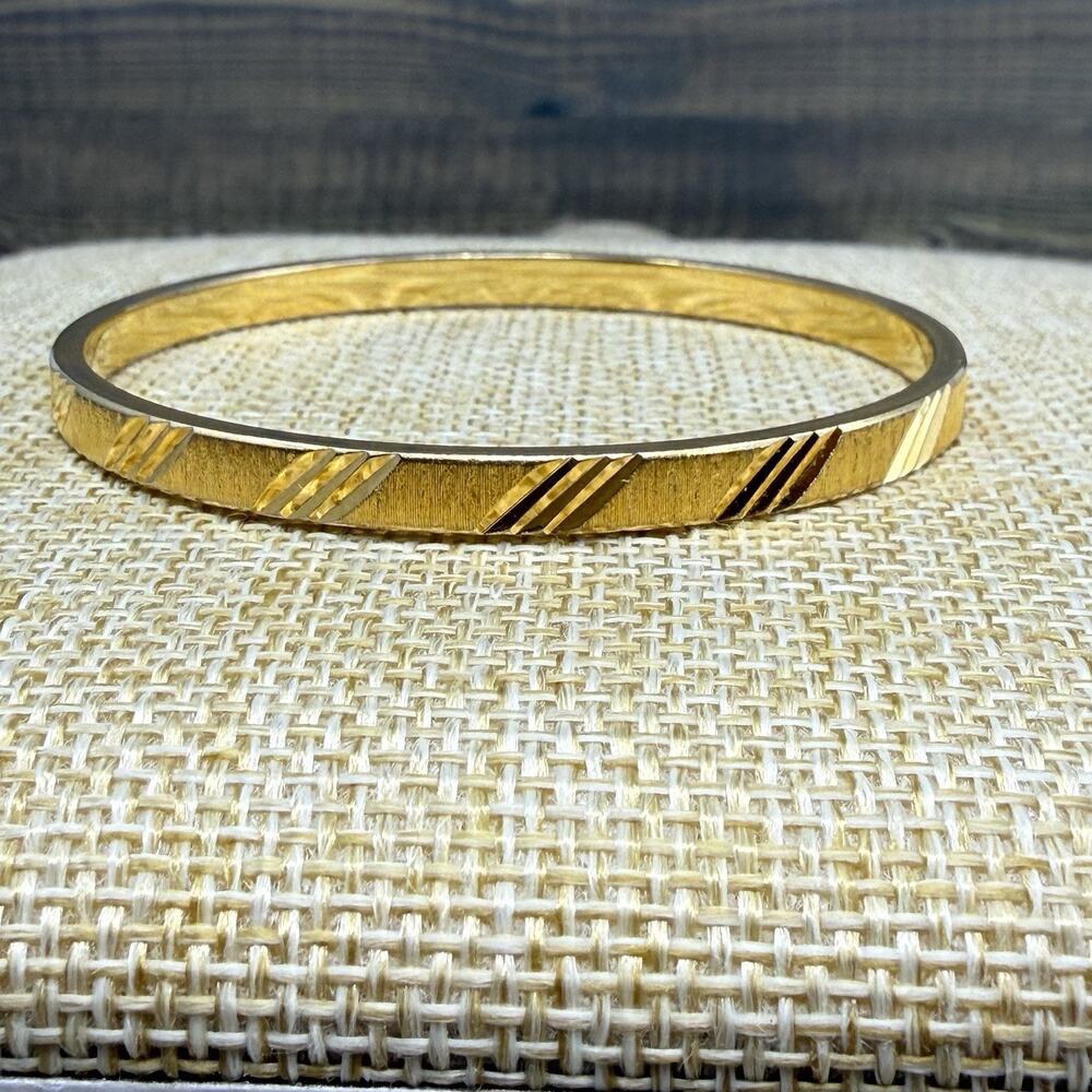 Vintage Monet Etched Textured Gold Tone Statement Bangle Bracelet 7.25